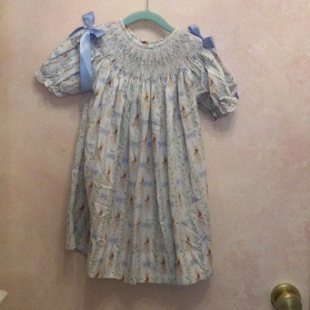 Handsmocked Light Blue Floral Baby Dress with Blue Ribbon